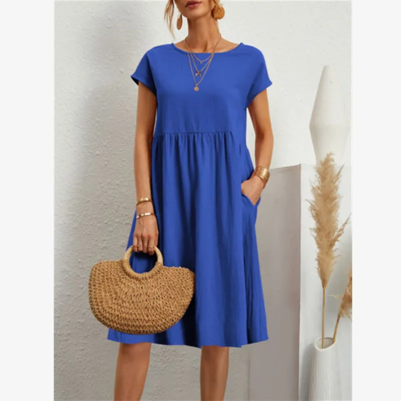 Summer women's cotton short sleeved round neck pocket A-line skirt new casual elegant solid color pleated knee length skirt