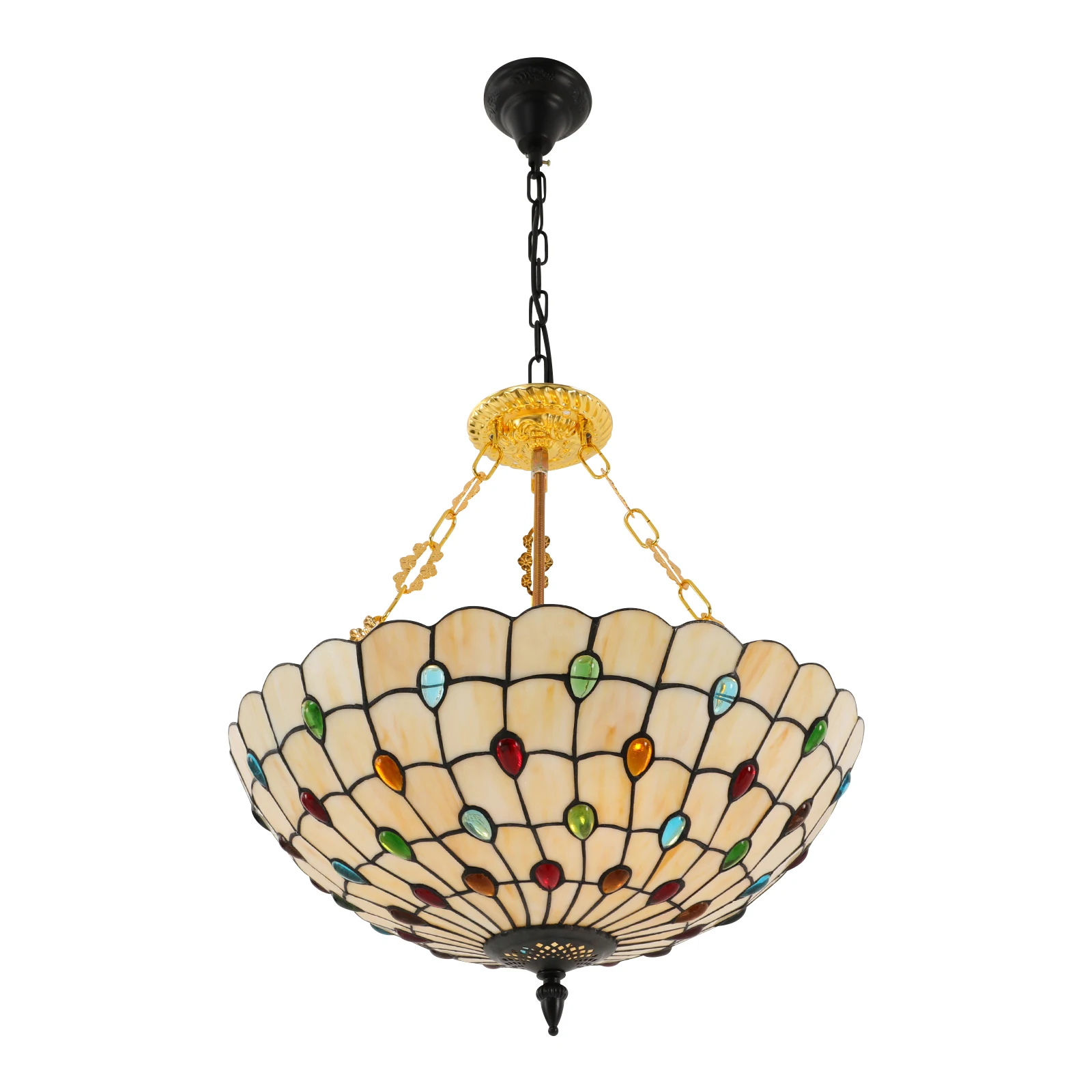 20 Inch Ceiling Light Vintage 5 Light Stained Glass Ceiling Chandelier Peacock Green Semi-Flush Mount Close to Ceiling Lighting