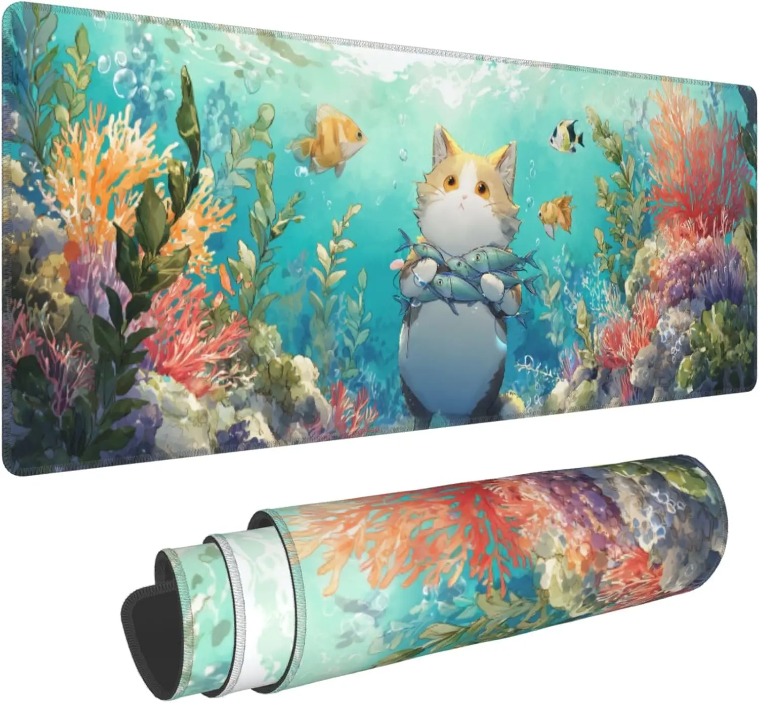 Cat & Fish Extended Gaming-Mauspad – XL, große Schreibtischunterlage mit genähten Kanten für Gamer und Heimbüro