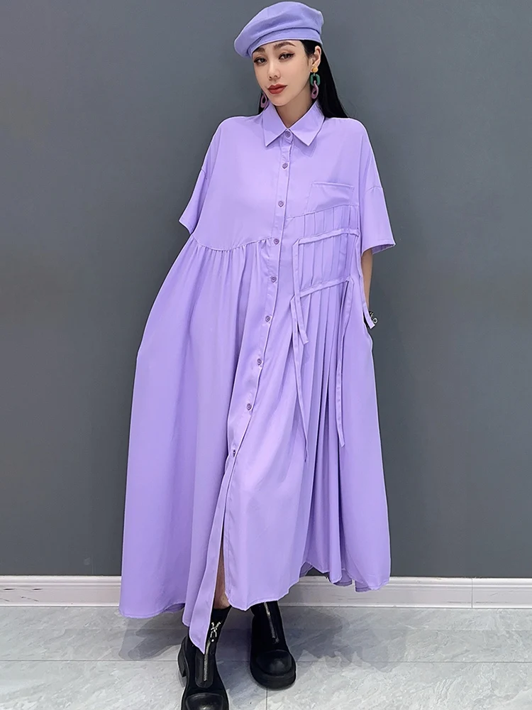 SHENGPALAE Violet Dress For Women 2024 Summer New Irregular Fold Dresses Elegant Fashion Casual Female Robe Y2k Clothes 5C1012