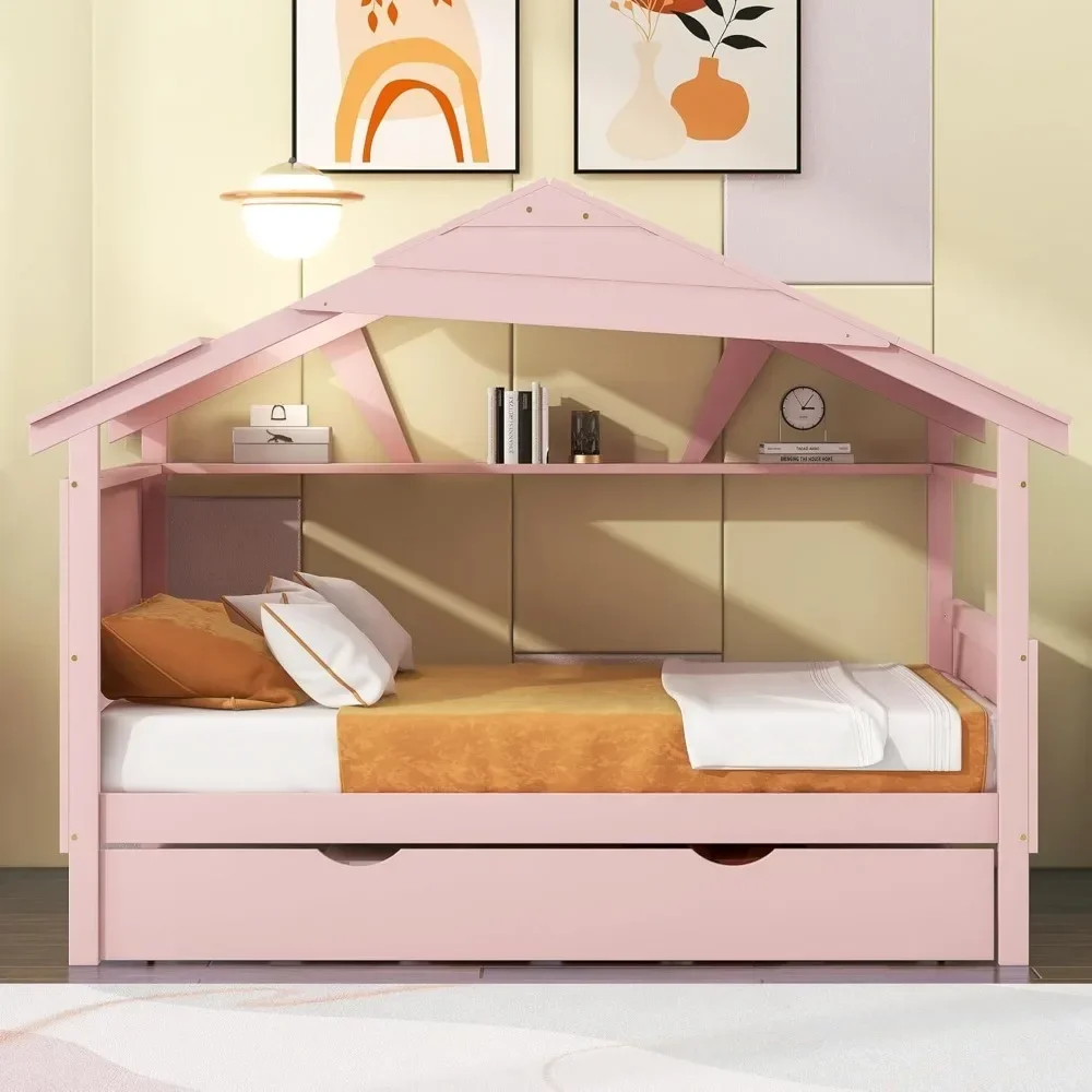 Casa para niños, diseño de casa de juegos con cama nido, fácil de montar con cabecera y estante de almacenamiento, sofá cama completo con techo para niños