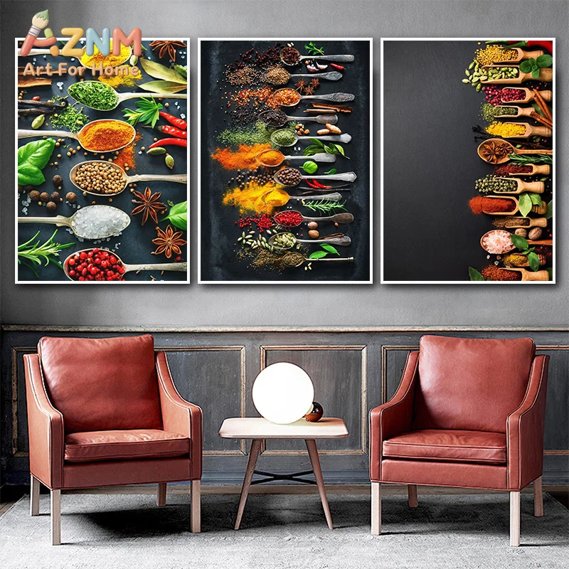 AZNM Kitchen Spice Herb Canvas Wall Art Colorful Seasoning Spoons Dark Background Food Art Unframed Canvas Home Decor Painting