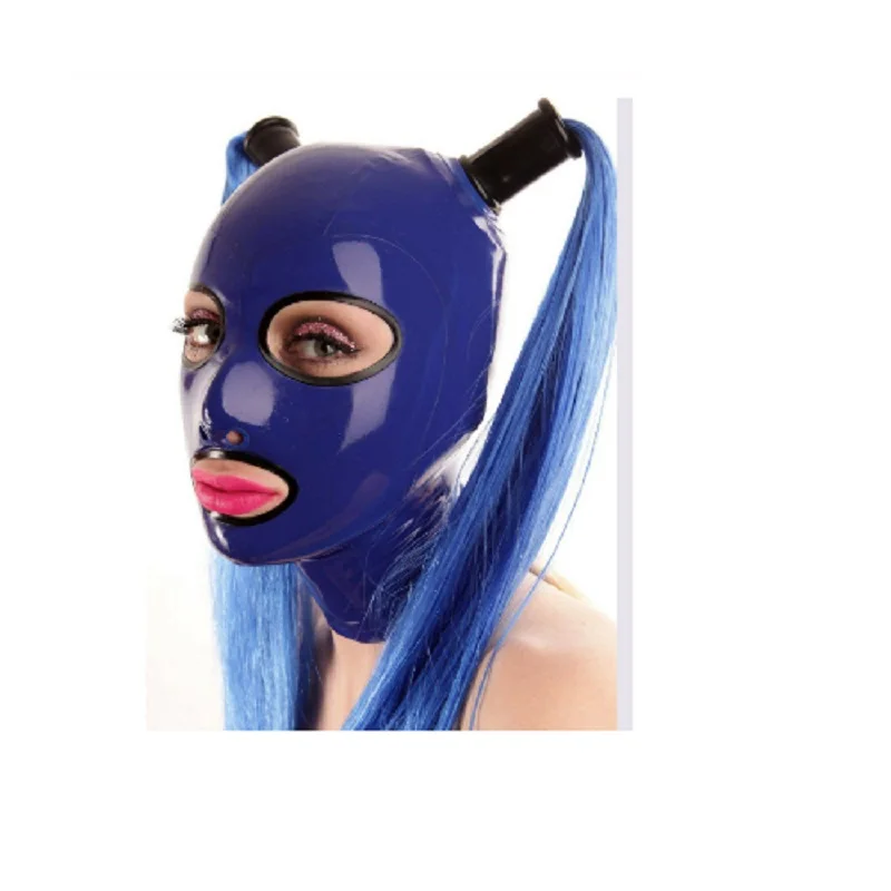 

Latex hood Costumes Bondage with back zipper including hair Wigs piggy holder and long wig hairpiece pony tails cosplay