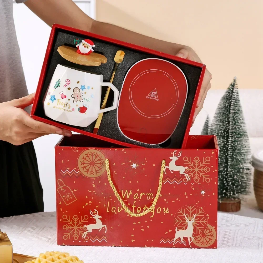 Ceramic Mug with Lid 55℃ Warm Spoon Set Mug Gift Box Featuring Santa Claus for Office or Home Use CoffeeCups Christmas Gift Set