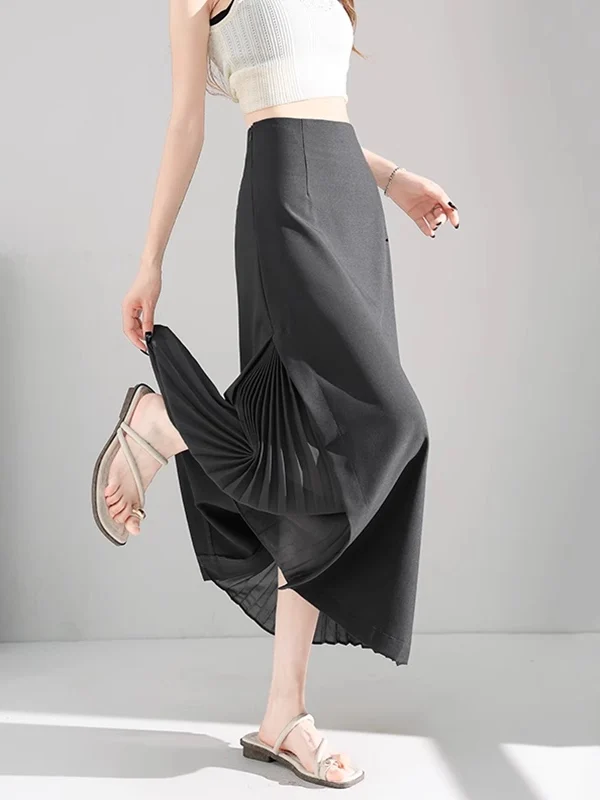 

Ele High-End Women's Suit Skirt Summer 2026 New A-Line Straight Pleated Long Skirt Polyester Fabric High Waist Gored Skirt