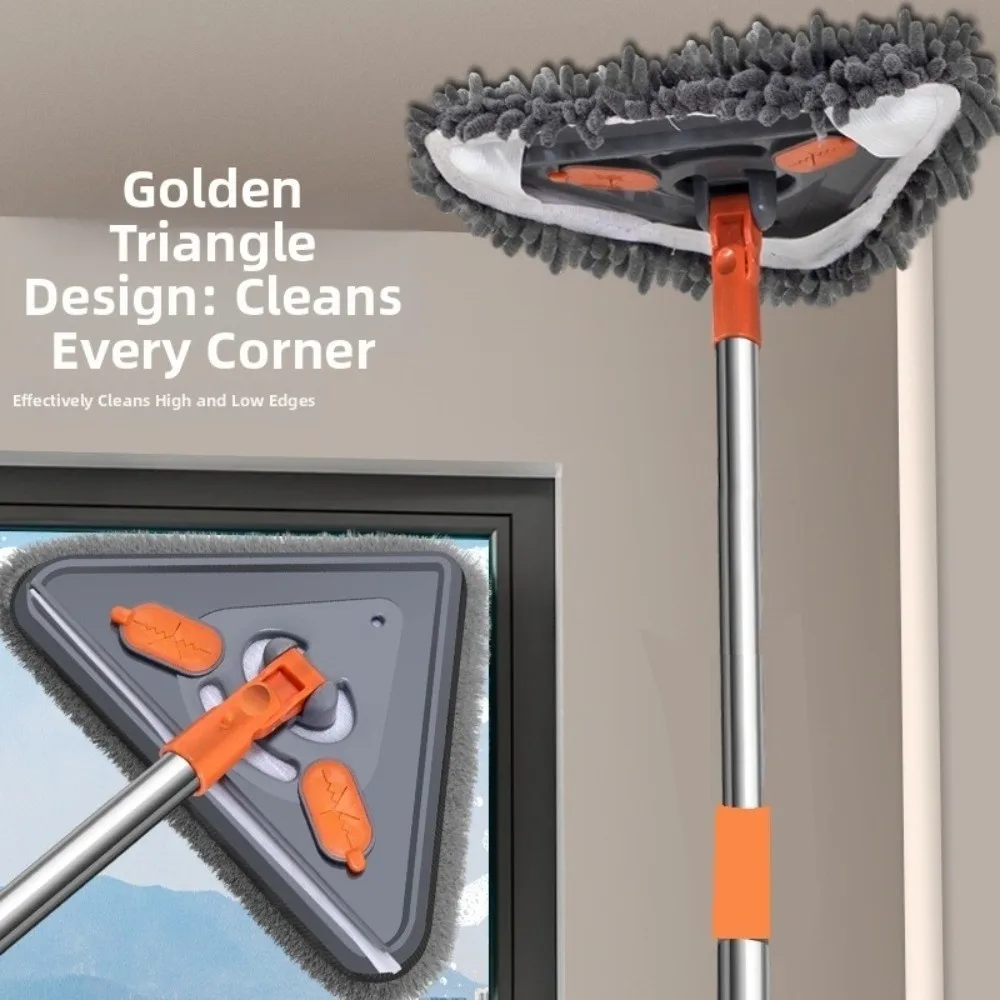 New 360° Rotatable Window Cleaning Mop Dry And Wet Use Triangle Shape Glass Door Mop Extension Pole Glasss Wall Mop Home Use