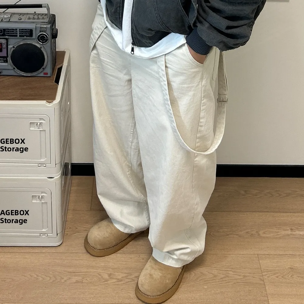 

Американские прямые брюки цвета хаки с уличной талией, мужские свободные брюки на талии, широкие брюки для скейтборда, съемная подтяжка...