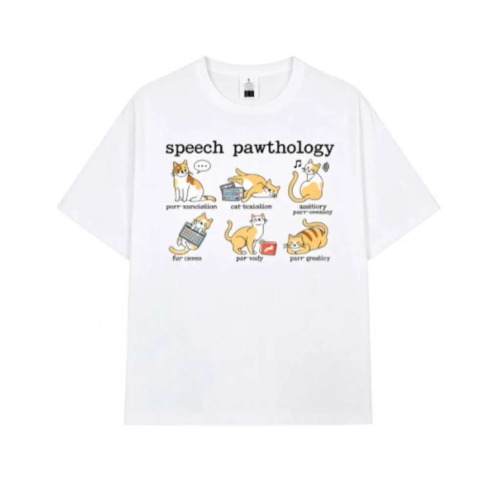 Speech Pawthology Cat Graphic T Shirt for Women, Cute SLP Speech Language Pathologist Cat Pun Print Casual Short Sleeve