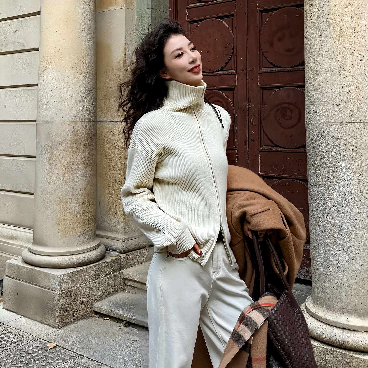 

Nana Tall DMX Bla High Collar Double Zipper Knitted Sweater Women's Spring Thiened White Open Cardigan Outerwear