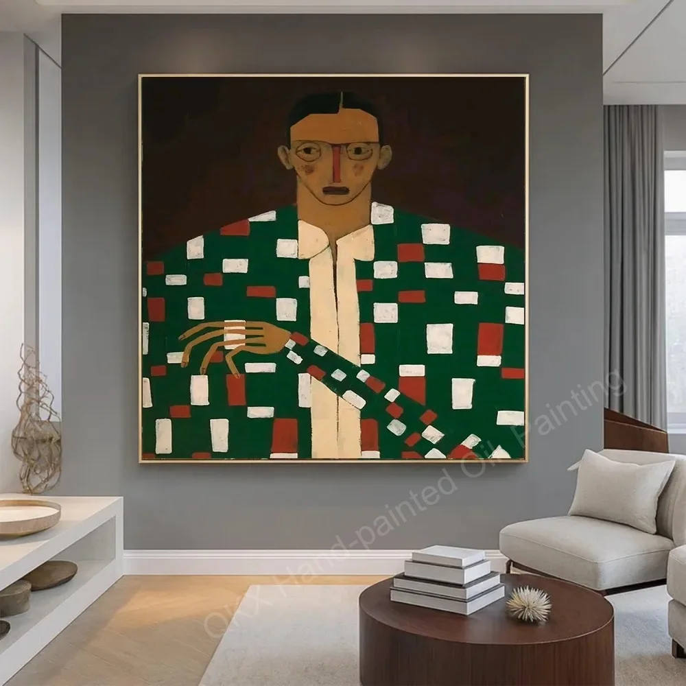 100% Hand-Painted Naive Art Portrait Oil Painting Checkered Figure Textured Canvas Mid-Century Folk Wall Art for Living Room