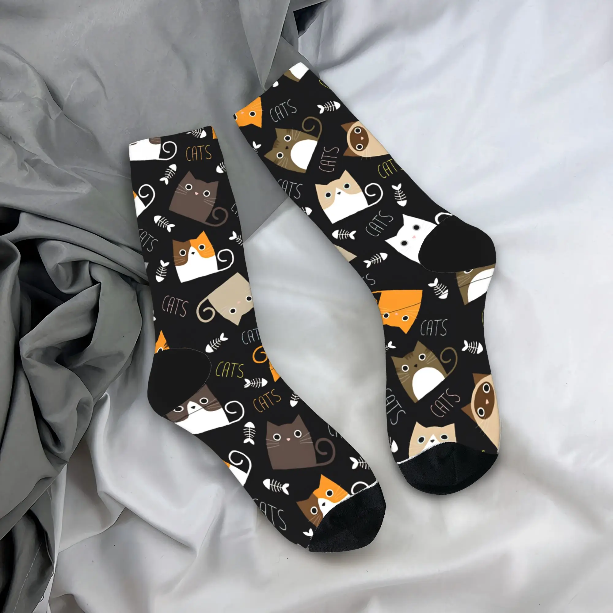

Cats And Fishbone On Black Background Pattern Stockings Design Gothic Socks Autumn Anti-Slip Socks Men Outdoor Warm Soft Socks
