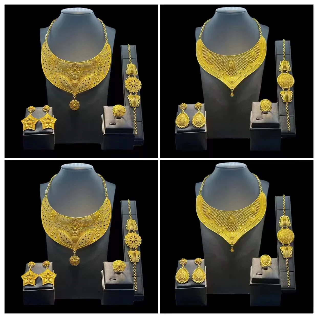 Retro Glod color Bride Jewelry Set Women Wedding Dress Jewelry Necklace Earrings Bracelet Ring Set Iadian Party Jewelery