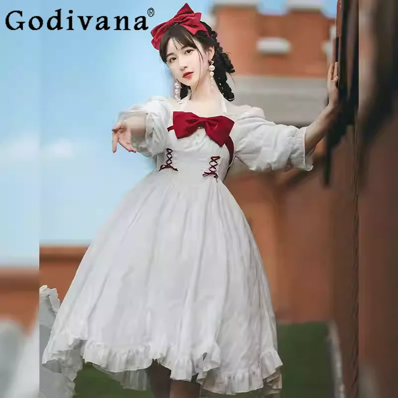 

Sweet Lolita Elegant Slash Neck Temperament Big Swing Princess Dress Fashion High Waist Square Neck Long Sleeve Fairy Dresses