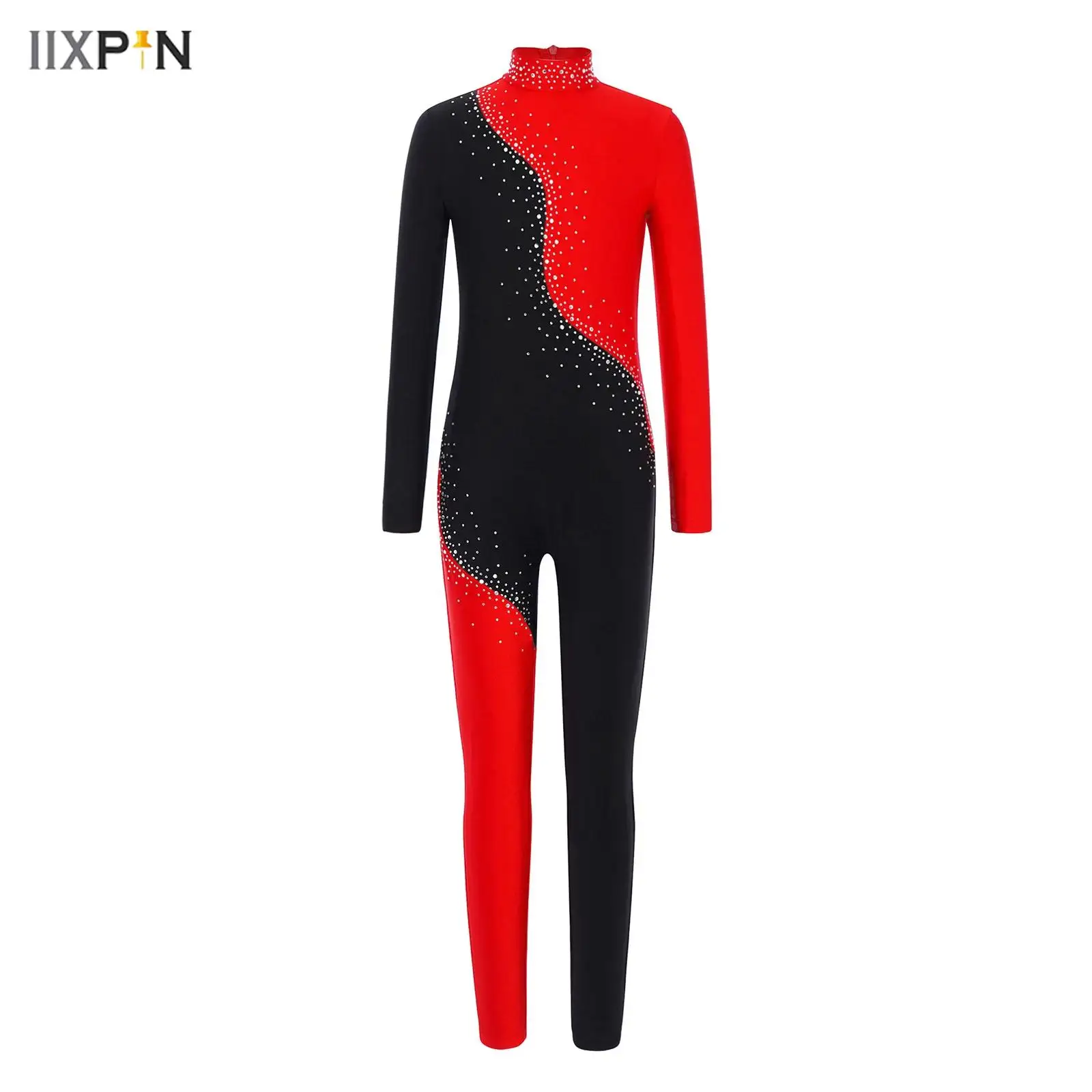 

Kids Girls Shiny Rhinestones Gymnastics Jumpsuit Figure Skating Bodysuit Mock Neck Long Sleeve Color Block Full Body Leotard