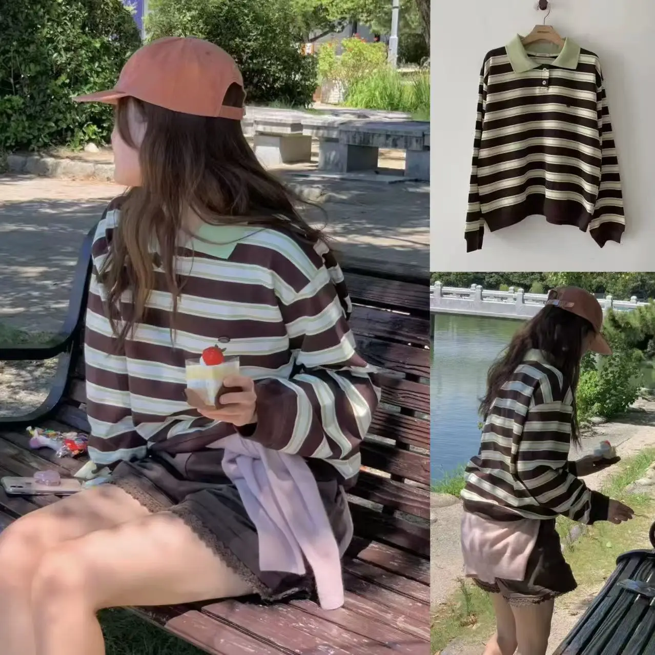 

Loose Long Sve irt Women's T-irt Sweatirt Candy Color Anti-Aging Plaid Turn-down Collar Casual Daily Wear