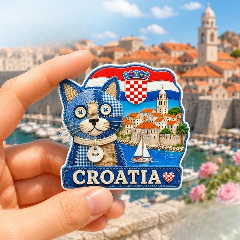 Croatia Denim Cat Fridge Magnet - Crafty 3D Textile Souvenir Unique European Gift for Travel & Eclectic Home Decor