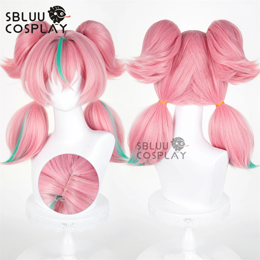 SBluuCosplay Peluca de Cosplay de Aria de Zenless Zone Zero, Rosa con Dos Coletas y Reflejos Verdes