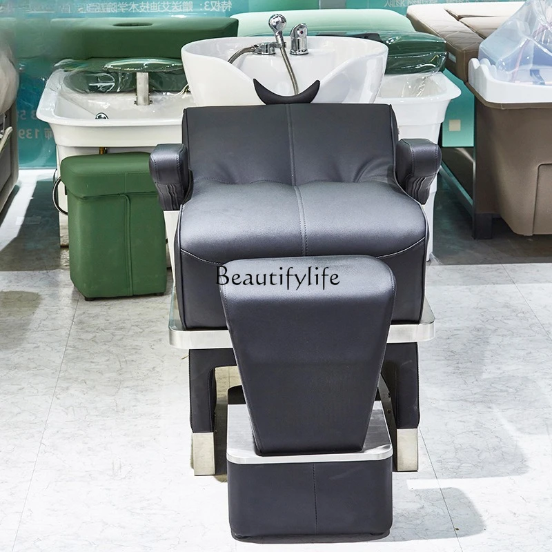 

88.-Shampoo bed Stainless steel hairdressing flush bed Simple semi-lying ceramic basin