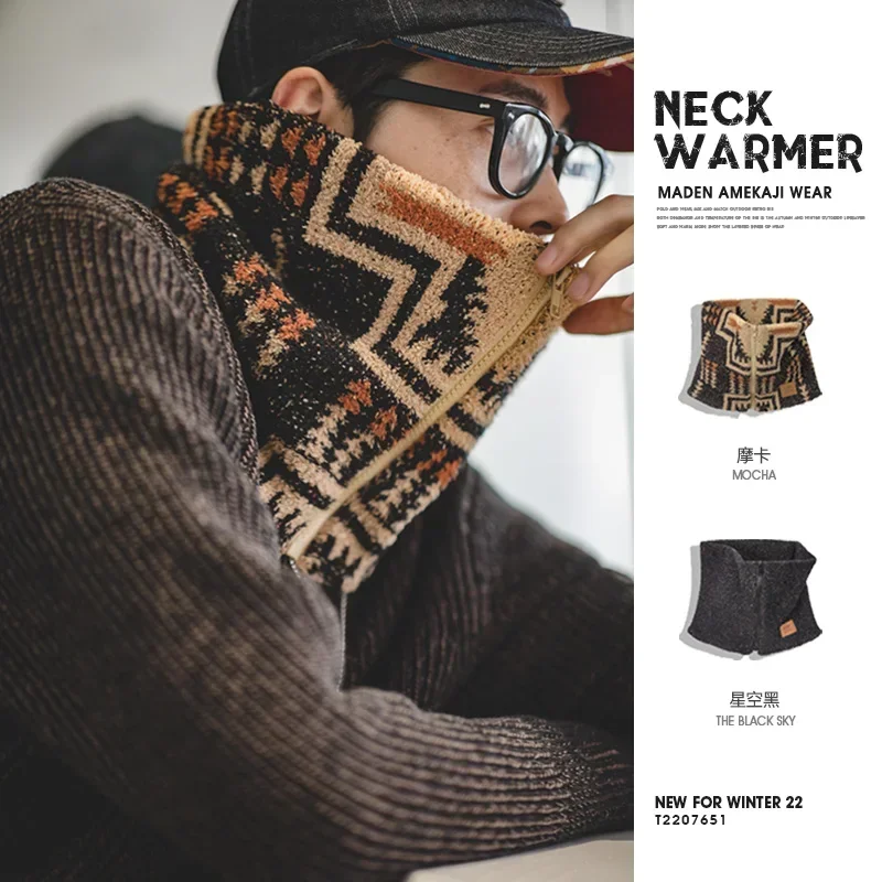 Maden Outdoor Herren Vintage Winter Heizschal Warm Reißverschluss Navajo Bedruckter Fleece Hals Ski Klettern Radfahren Snood Schal Schals