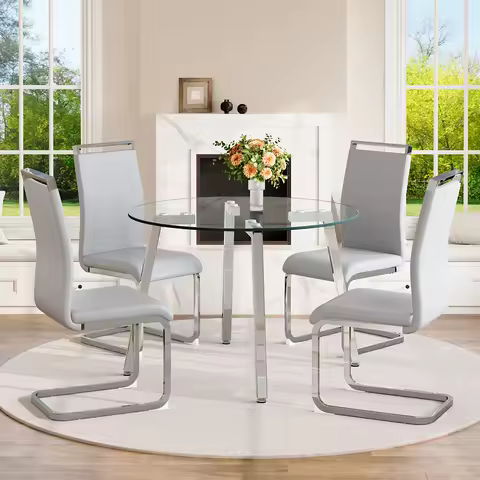 42" Round Glass Dining Table Set 4 Chrome Legs Space Saving Kitchen Light Grey Chairs Apartment Easy Assembly,Customized