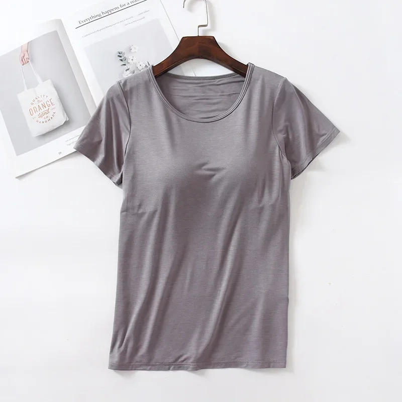 تي شيرت بأكمام قصيرة مع وسادة الصدر المرأة الجولة الرقبة سليم صالح تانك القمم مثير قمصان Feminino عادية الأساس قميص التخسيس