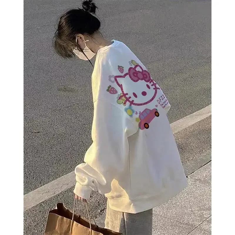 Japanese Kawaii Clothes Hello Kitty Print O-neck Sweatshirt Women New Street Style Student Oversize Long Sleeve Jumper Aesthetic