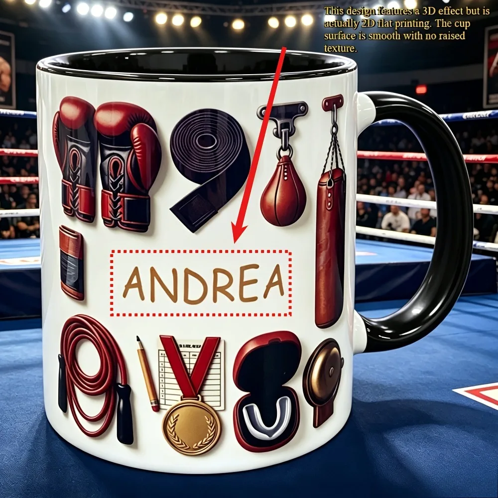 Gepersonaliseerde keramische mok met een boksthema, bedrukt met een 2D-heattransferproces, een ideale koffiemok als cadeau voor sporters.