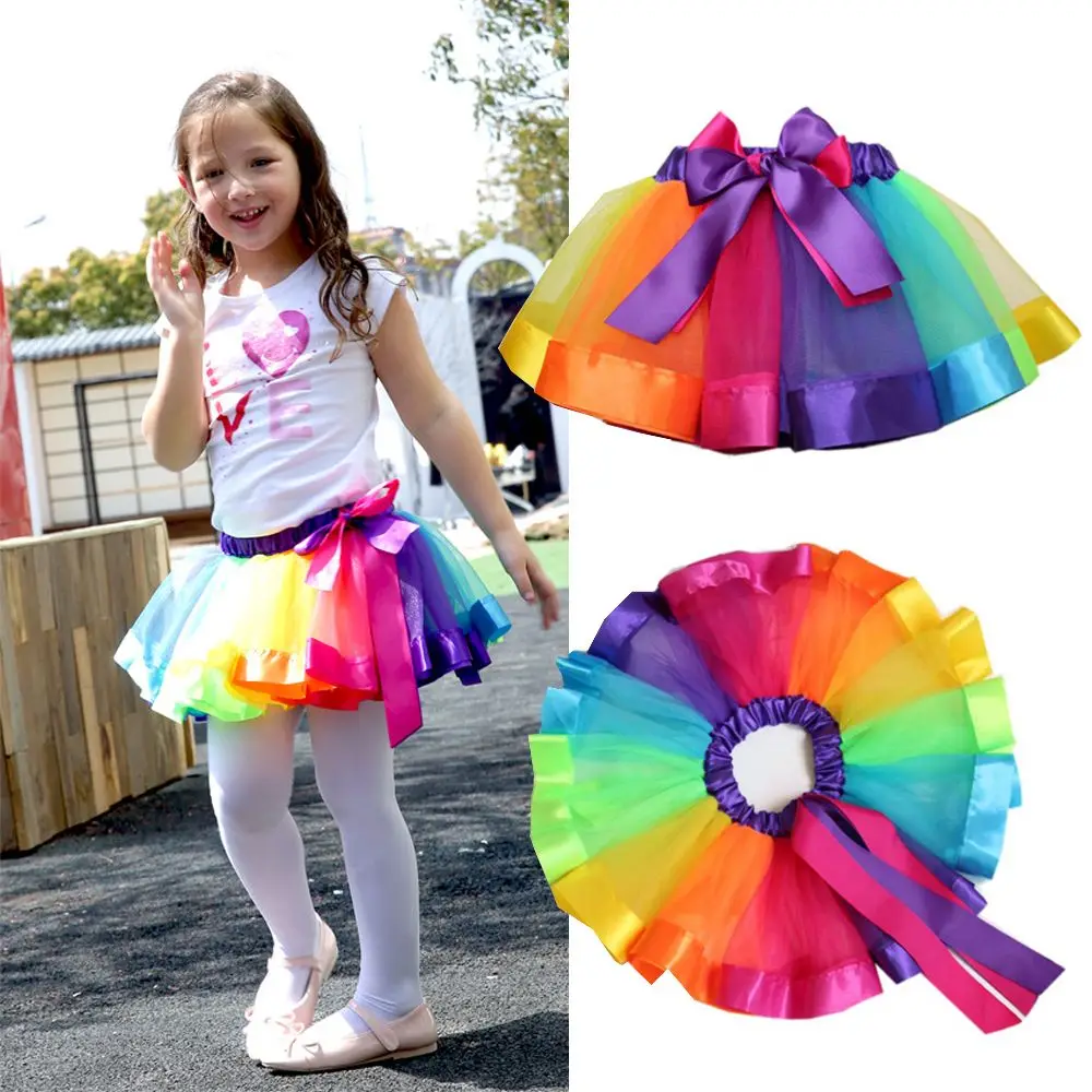 Fashion Kids Mesh Miniskirts Girls Princess Rainbow Colorful Dance Ballet Tutu Skirt Summer Party Bluey Dress Elastic Cloth 1-8Y