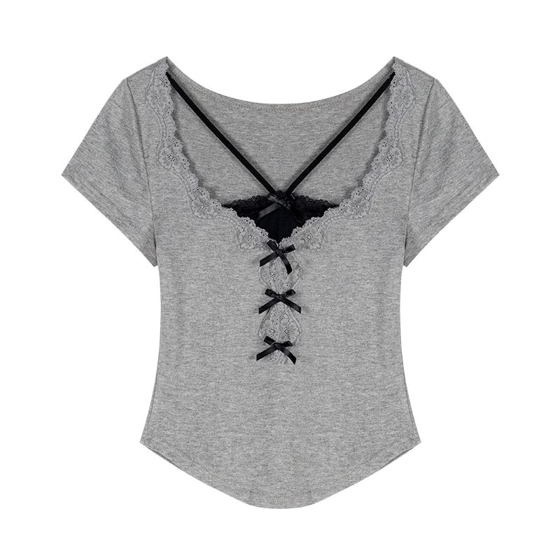 Camiseta de manga corta de dos encajes falsos para mujer, Top corto ajustado con lazo, estética Y2k, color gris, gran oferta, alta calidad