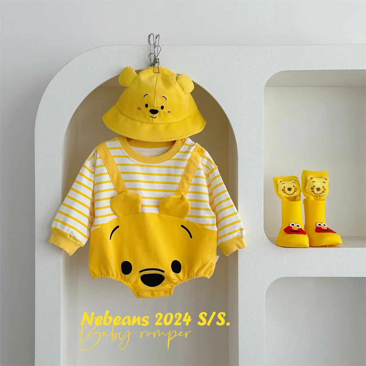 Big Yellow Assembly! Disney Winnie Fashion 2024 New Baby Clothing Crawl Suit Cartoon Yellow Bear Cotton Outing Clothes Rompers