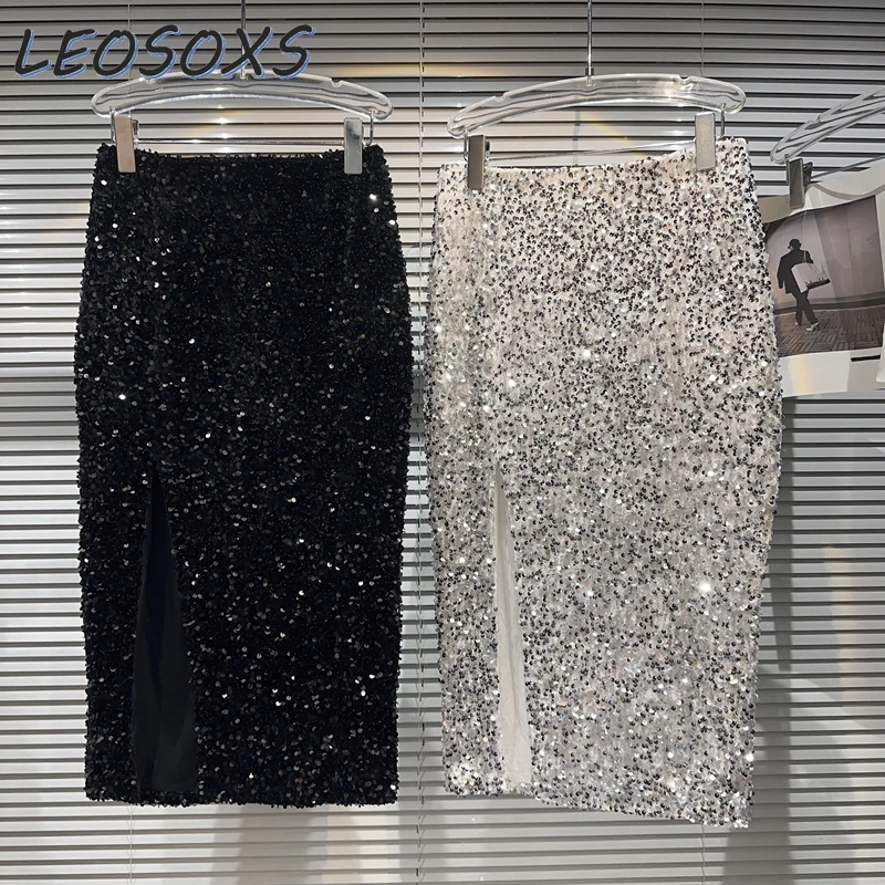 2024 Spring New Heavy Work Full of Sequins High Slit Skirt Women Elastic High Waist Black Skirt Sequined Shiny Hip Skirts Female