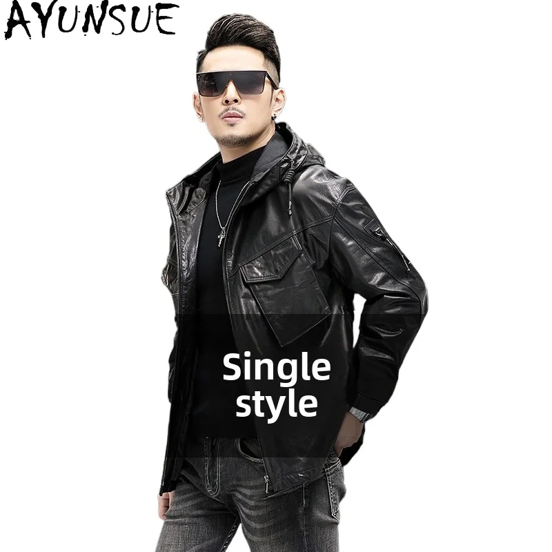 

AYUNSUE Real Cowhide 100% Genuine Leather Jacket Man Hooded Autumn Winter Loose Down Coat Leather Jackets Workwear Chaquetas