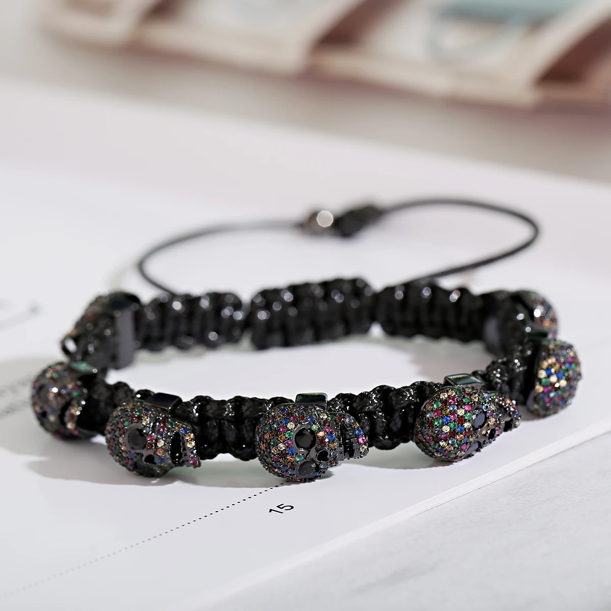Fashion Zircon Skull Handmade Woven Bracelets Luxury CZ Beads Adjustable Bracelet Punk Wrist Jewelry for Women Men