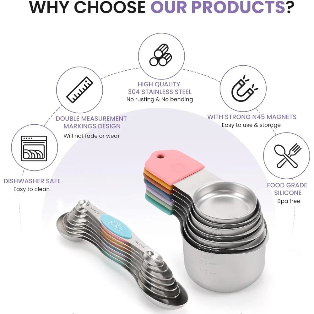 

Magnetic Measuring Cups and Spoons Set-Heavy Duty 304 Stainless Steel，Double Measurement Markings，Set of 16 with Leveler