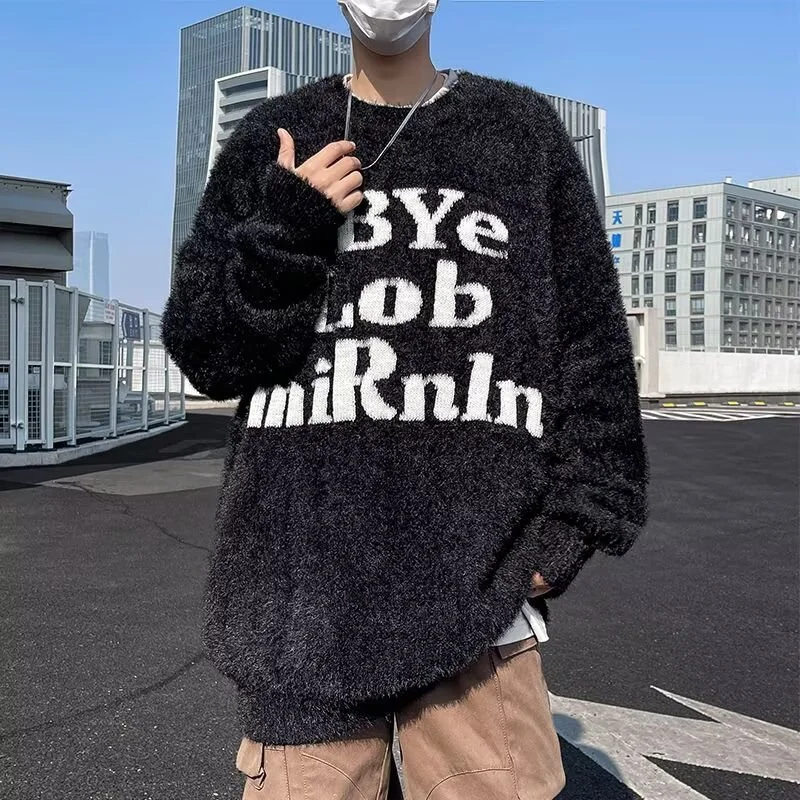 

Winter Letter Print Crewneck Sweaters For Man Korean Fashion Fluffy Jacquard Warm Pullovers Y2K Vintage Streetwear jersey hombre