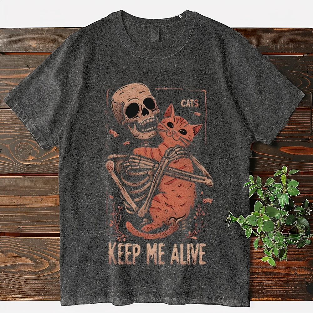 Cute Fun Old Washed Denim Short Sleeved Skull And Cat Letter Print Crew Neck Shoulder Down New 2024 Summer T-Shirt