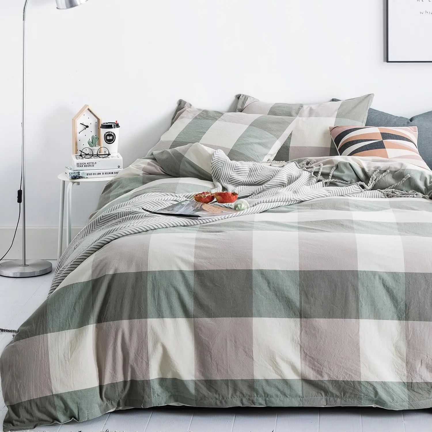 Set copripiumino 3 pezzi in cotone lavato naturale (Queen/Completo) 1 copripiumino 2 federe Qualità alberghiera Morbido e traspirante Ipoaller