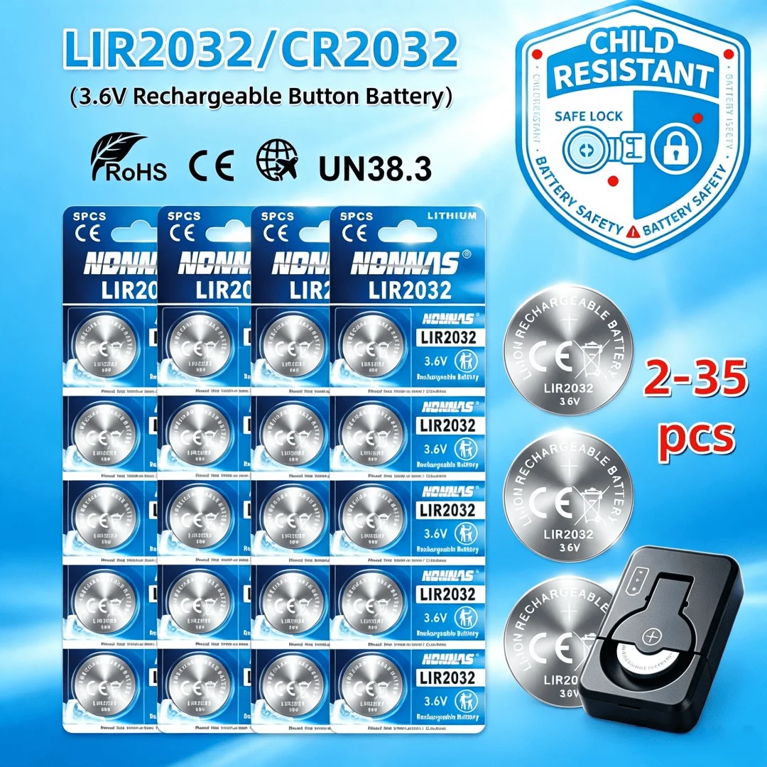 2-35 Stück LIR2032 Wiederaufladbare Knopfbatterie 2032 3,6V Lithium-Zellen-Münzbatterien für Autoschlüssel mit Ladegerät