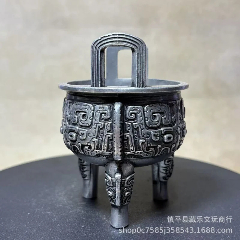 Antique-style silver-plated three-legged round with Taotie pattern, copper incense burner, square cauldron for b