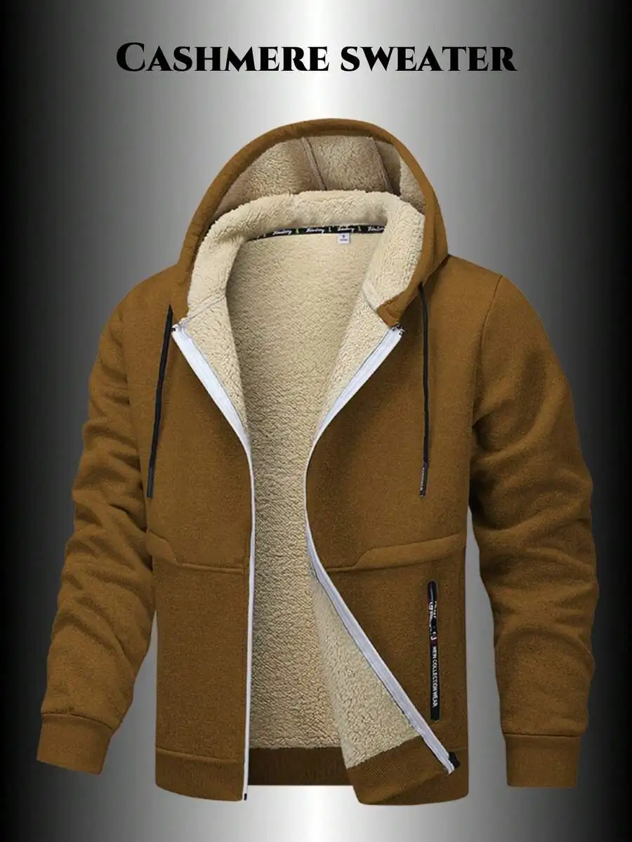 Men's Brown Sherpa-Lined Zip-Up Hooded Fleece Jacket for Fall Winter