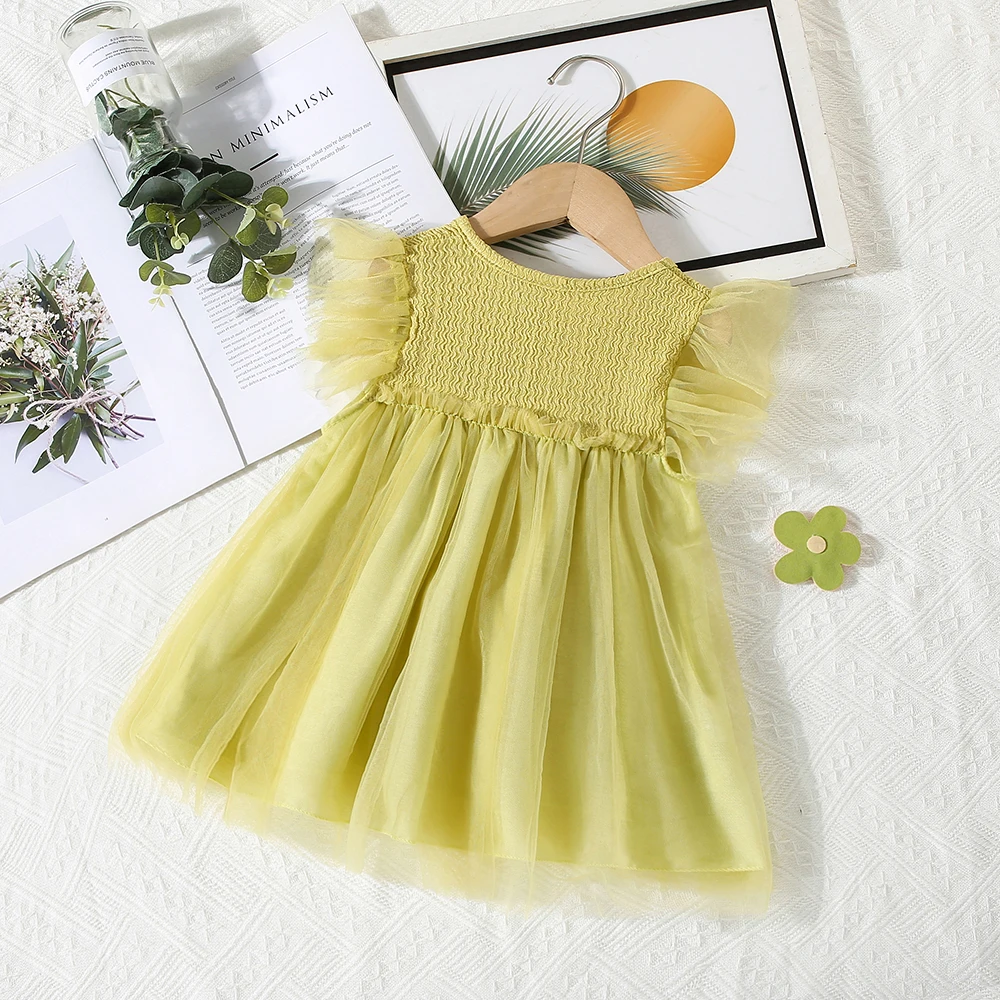 Summer baby girl dress girl\'s patchwork mesh three-dimensional large bow fly sleeve round neck princess dress