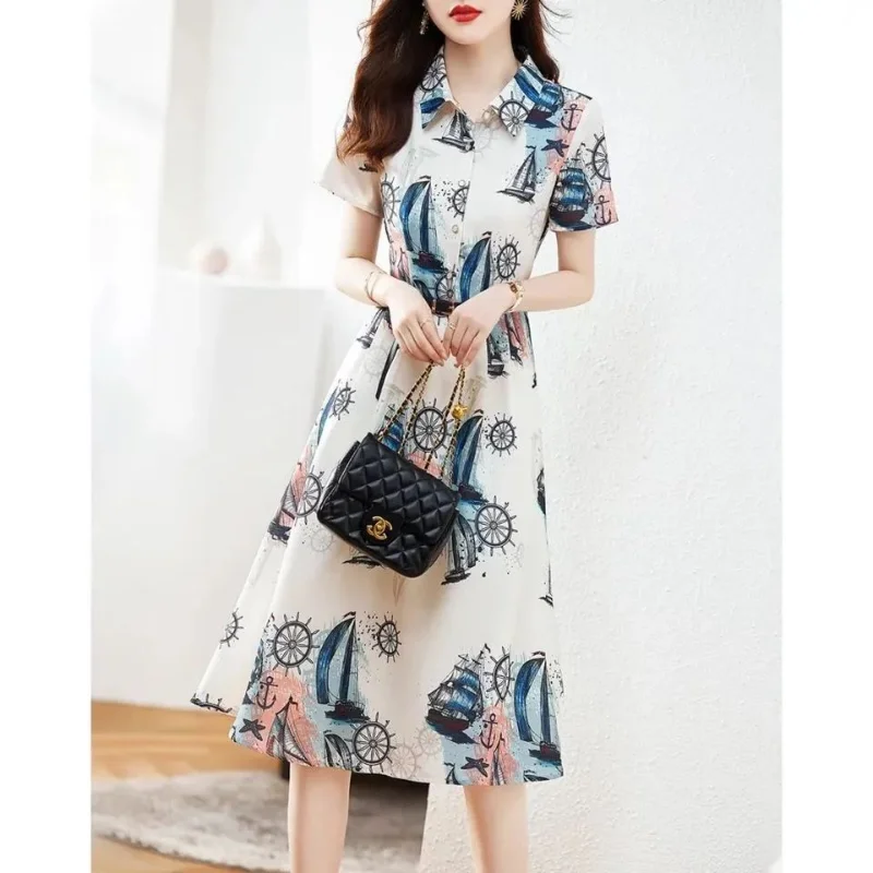 Womem Summer New Polo Neck Pullover Dress Fashion Elegant Long Dress Printed Button Spliced Versatile Short Sleeve A-line Dress