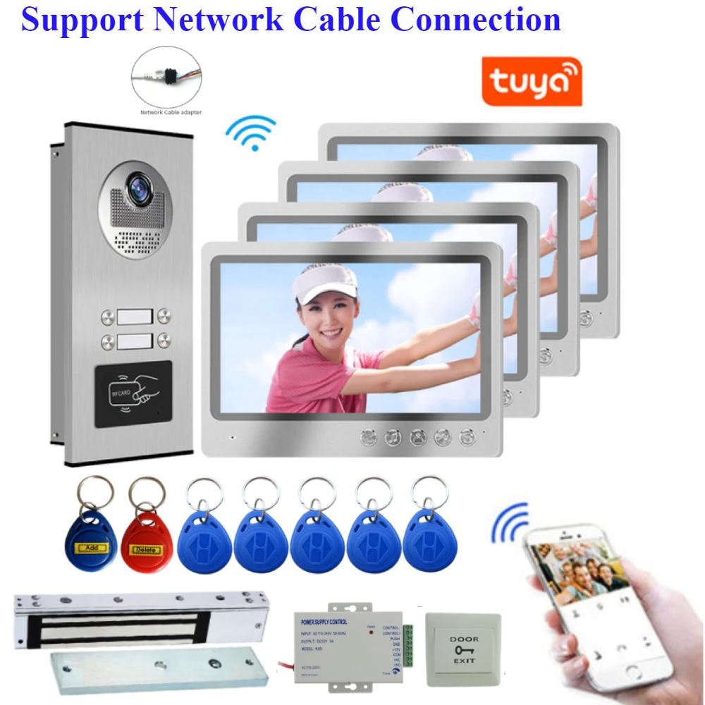 Wired Network Cable RFID Access Unlock Video Intercom 9 inch Monitor WIFI Video Door Phone Doorbell Intercom IR Camera System