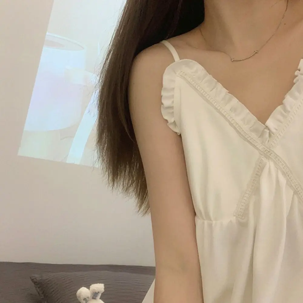 Elegant Ruffle Women's Pajama Dress V-neck Loose Suspender Nightdress Sleepwear Sleeveless Sling Nightgown Club