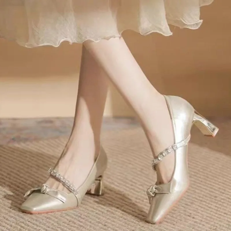 

French 2025 Single Shoes Women's Block Heel Bow Shallow Mouth with Dress Square Toe Rhinestone Shoes