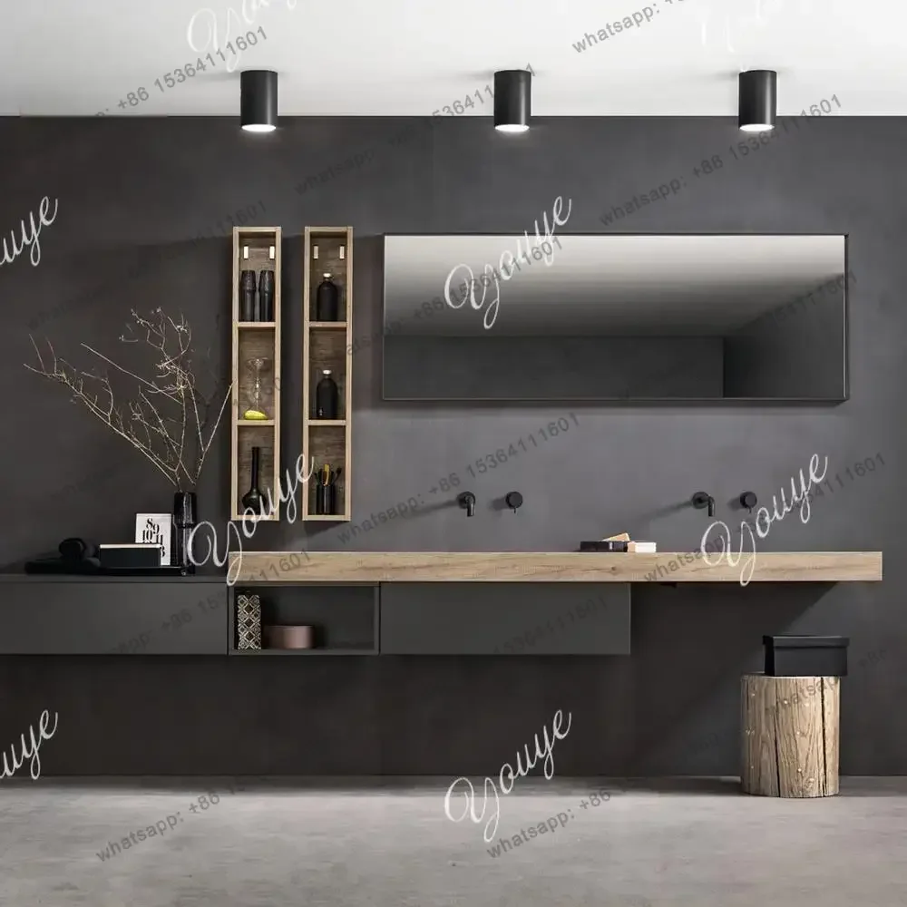 Mid-Century Wall-Mounted Double Vanity: Oak/Walnut with Marble Luxury Stone Top & Undermount Basins - Retro Bathroom