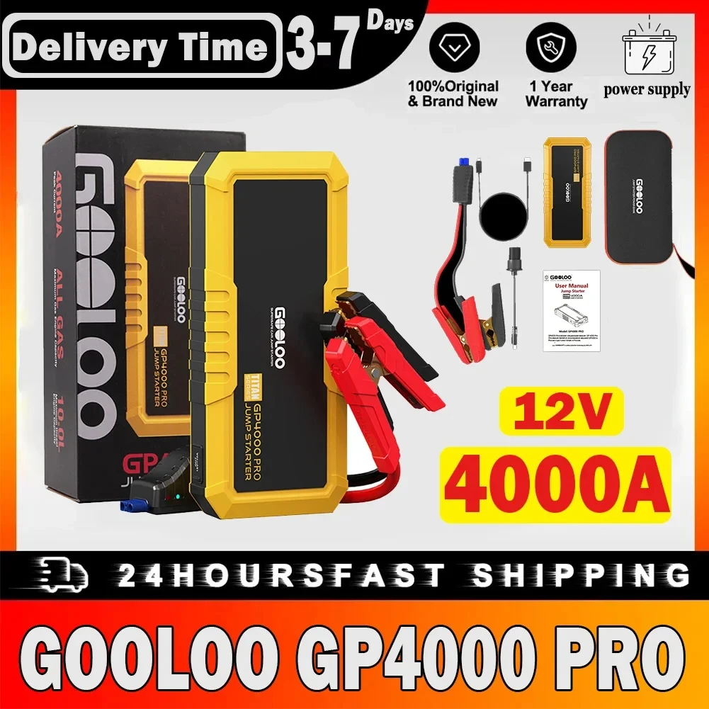 GOOLOO GP4000 PRO Car Jump Starter 4000A Peak 26800mAh Power Bank Car Power Supply 15V 10A DC Output 1W White LED 10L Diesel