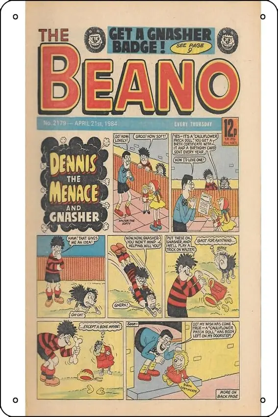 Vintage/Retro 1984 Beano Front cover. Classic Dennis the menace and Gnasher, vintage style. Poster Funny Metal Tin Sign for Home