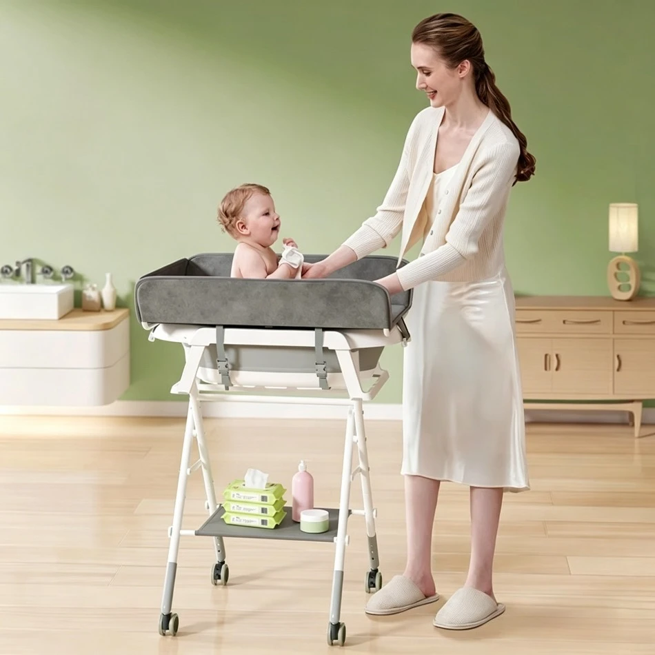 

Baby Bath Tub with Universal Wheels Height Adjustment Baby Standing Bath Tub Stand Foldable Newborn Bath Care Table Diaper OB67