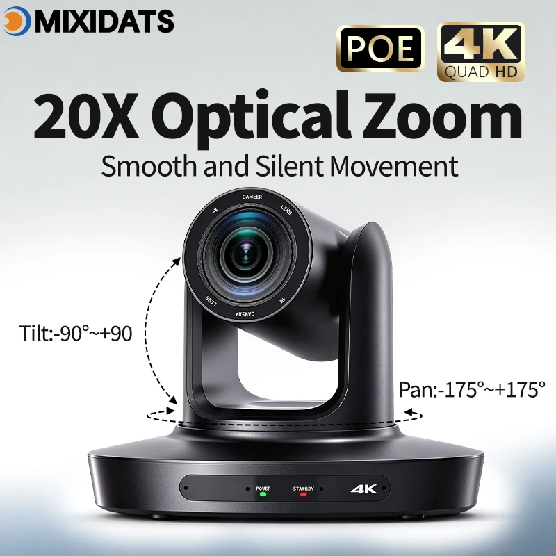 4K NDI PTZ Camera 20X Optical Zoom Video Conference Camera for Business Meeting Church Live Streaming, Optional Controller